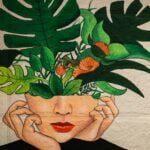 green and red flower painting