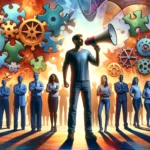 An image depicting an empowered individual confidently standing at the forefront, holding a megaphone, with a diverse group of supportive people standing in solidarity behind them. The background features a harmonious blend of puzzle pieces and gears, symbolizing the complexities of ADHD and Autism, alongside the critical role of patient self-advocacy. The scene is vibrant and filled with hope and strength, capturing the spirit of unity, understanding, and personalized care in the healthcare journey.