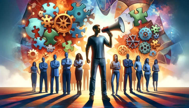 An image depicting an empowered individual confidently standing at the forefront, holding a megaphone, with a diverse group of supportive people standing in solidarity behind them. The background features a harmonious blend of puzzle pieces and gears, symbolizing the complexities of ADHD and Autism, alongside the critical role of patient self-advocacy. The scene is vibrant and filled with hope and strength, capturing the spirit of unity, understanding, and personalized care in the healthcare journey.