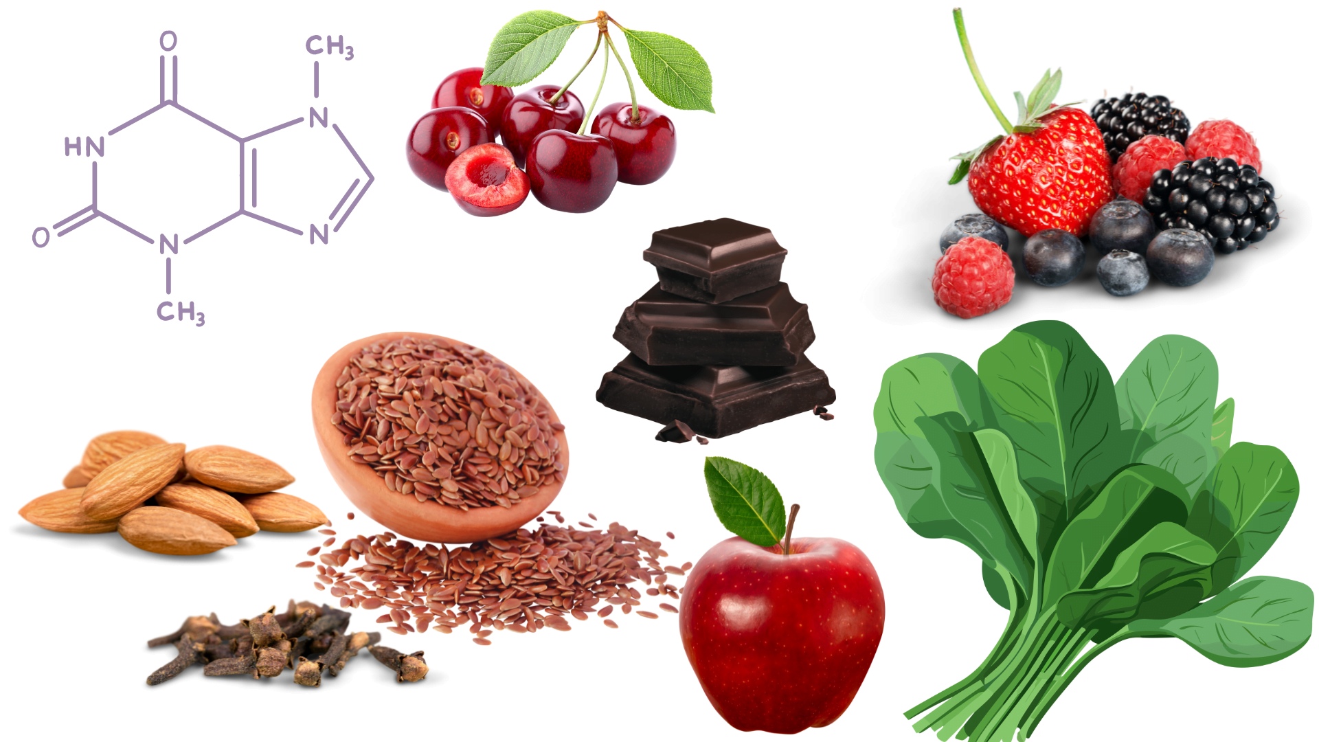 various sources of polyphenols. apples, spinach, flaxseeds, dark chocolate, cloves, almonds