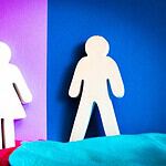 Cutout figures of a man and woman on vibrant purple and blue backgrounds.