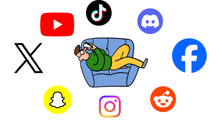 A-man-with-a-phone-lying-down-sofa-with-icons-of-tiktok-discord-facebook-reddit-instagram-snapchat-twitter-youtube