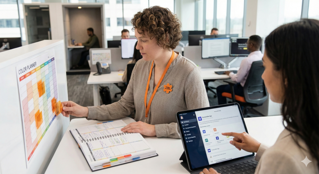 A professional office scene showing an employee wearing an orange flower pin (symbolizing invisible disability) using reasonable accommodations like a wall-mounted color-coded visual planner and an accessibility app on a tablet to manage executive dysfunction, preventing ADHD workplace discrimination.