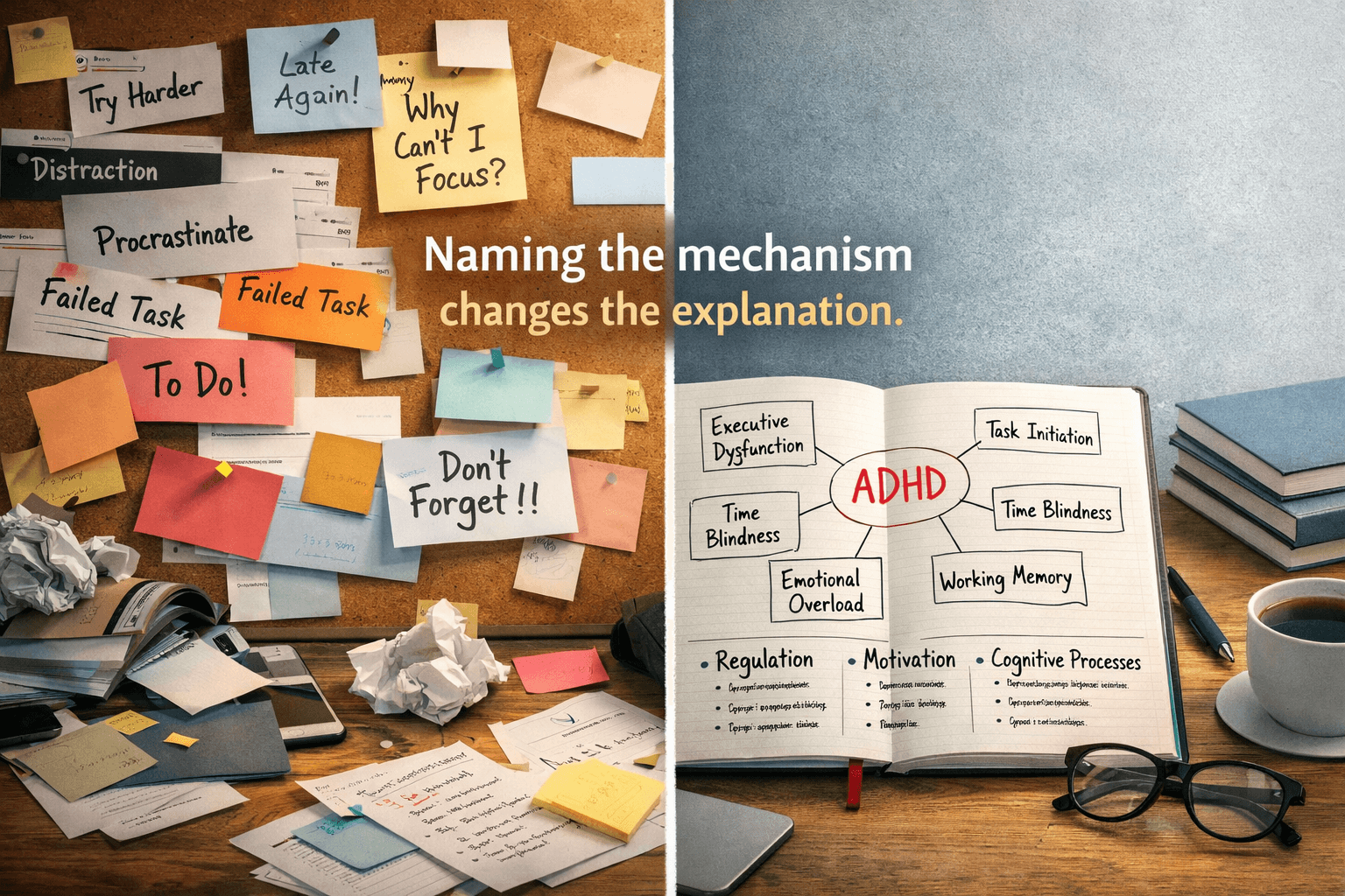 A split illustration showing a cluttered workspace labeled with common ADHD misconceptions on one side and an organized mind map explaining executive dysfunction, task initiation, time blindness, and emotional overload on the other, with the text “Naming the mechanism changes the explanation.”