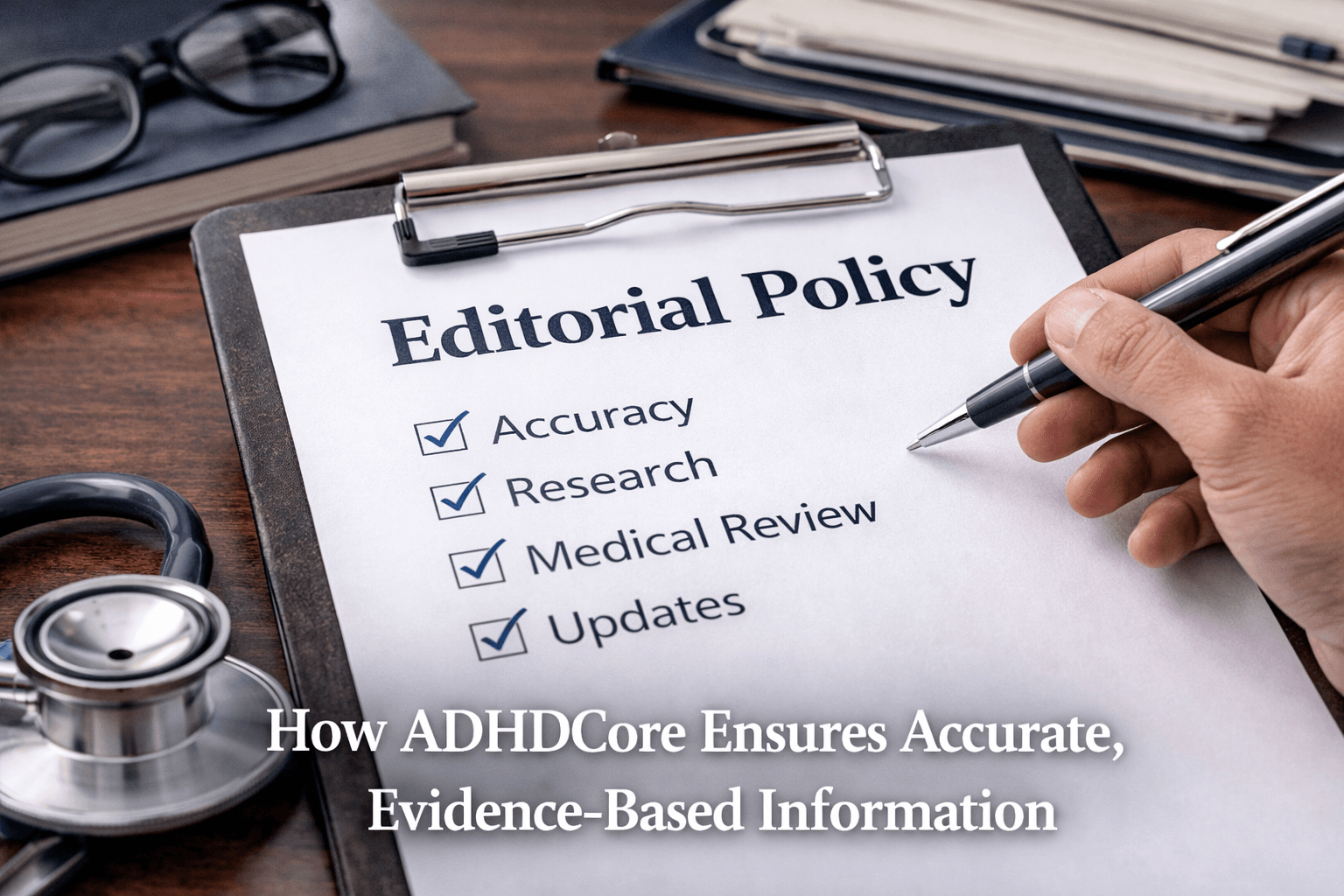 Editorial policy graphic showing a clipboard with the words “Editorial Policy” and a checklist for accuracy, research, medical review and updates beside a stethoscope and books.