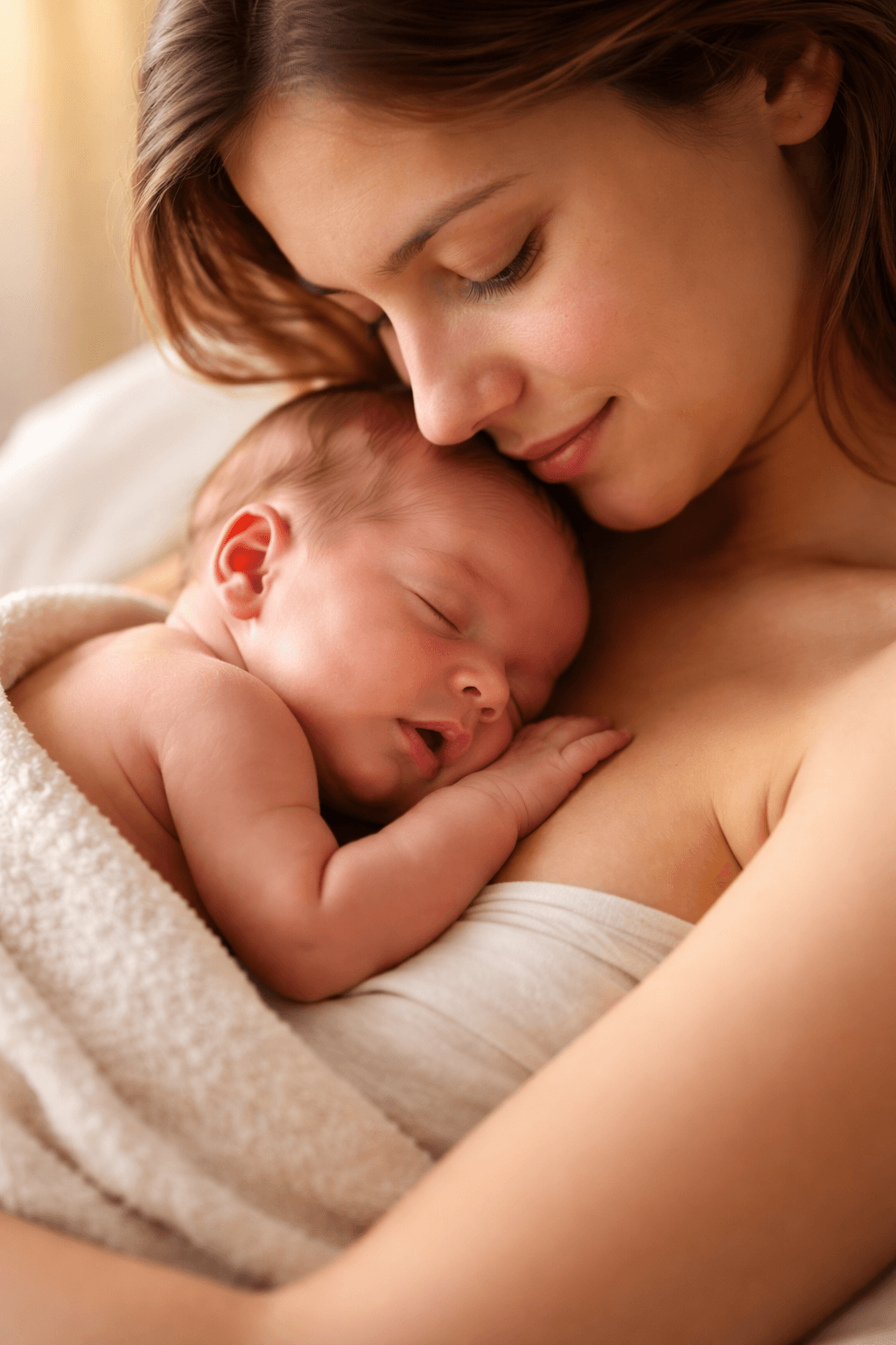 Close-up photograph of a mother holding her sleeping newborn skin-to-skin against her chest. The infant is wrapped in a soft blanket and resting peacefully while the mother looks down with a calm expression in warm natural light.