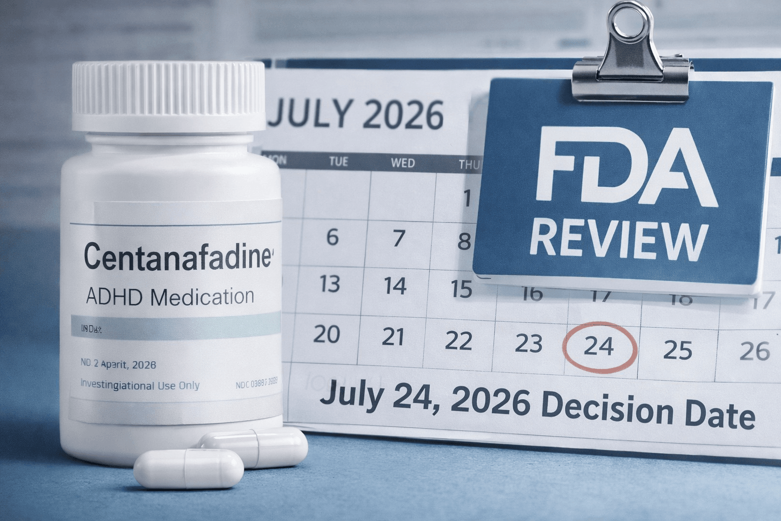 Prescription bottle labeled Centanafadine beside an FDA review sign and a July 2026 calendar with July 24 circled, representing the FDA review timeline for the investigational ADHD medication.