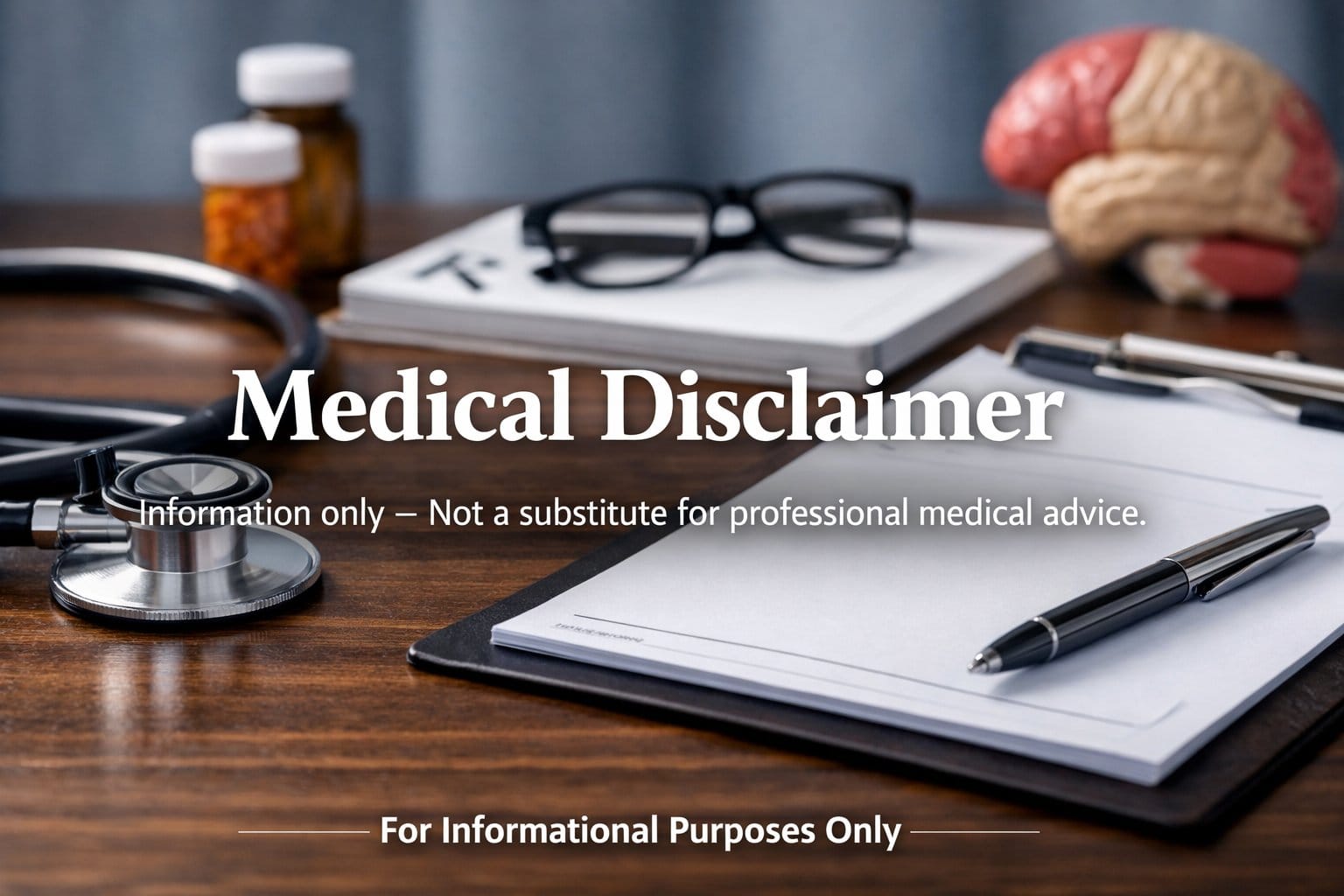 Medical disclaimer graphic with a stethoscope, clipboard, glasses, medicine bottles and brain model, stating that the website content is for informational purposes only and not a substitute for professional medical advice.
